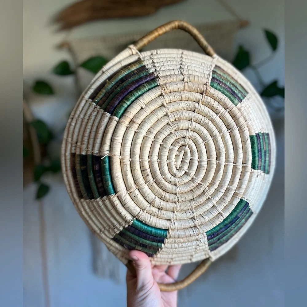 Large Woven Rattan Basket Bowl with Handles – Boho Farmhouse Wall or Table Décor